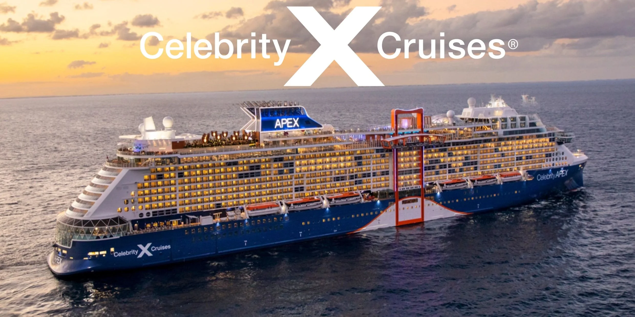 Celebrity Apex sailing at sunset under the white Celebrity Cruises logo