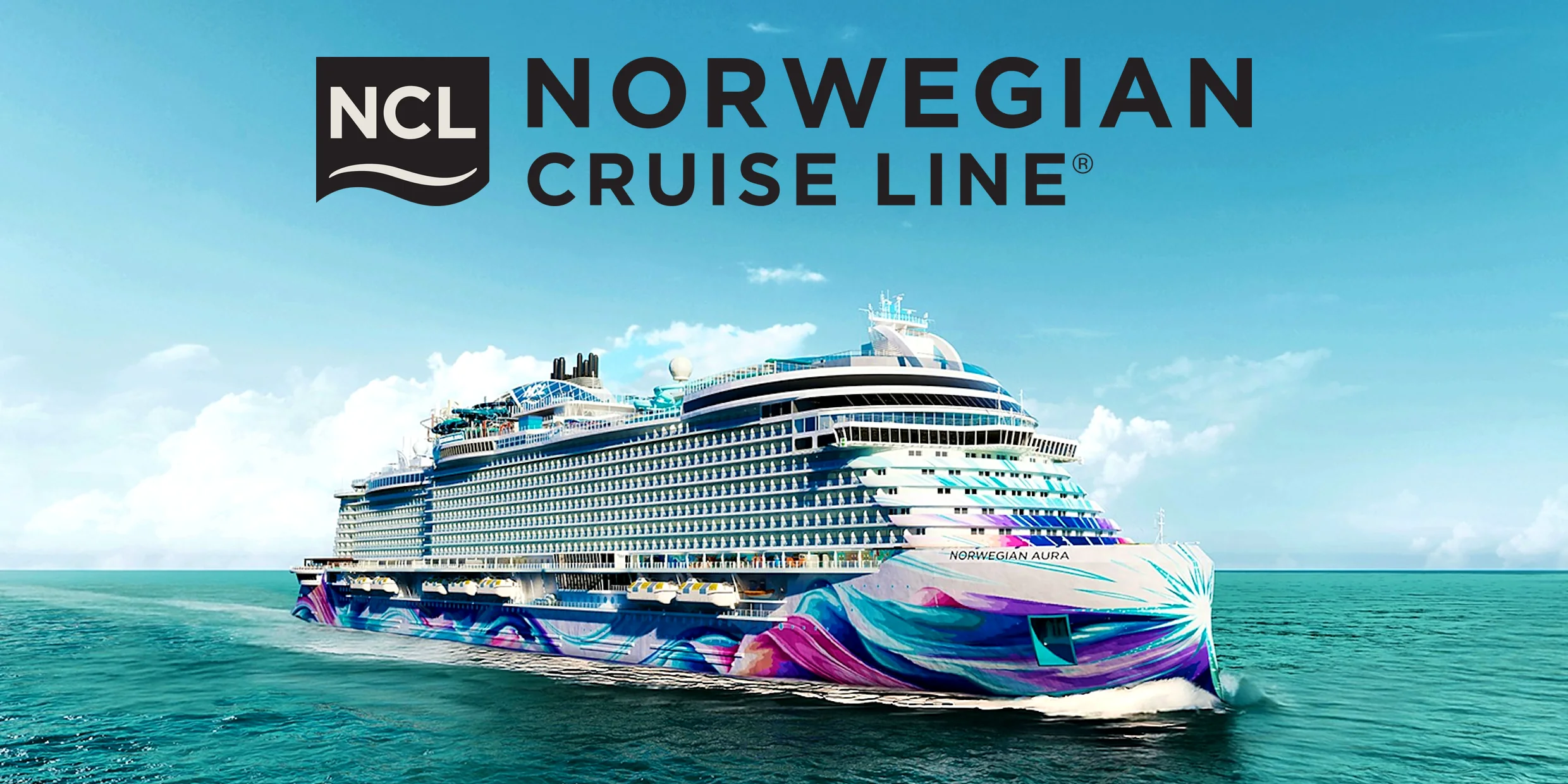Rendering of Norwegian Aura sailing on turquoise water under the Norwegian Cruise Line logo