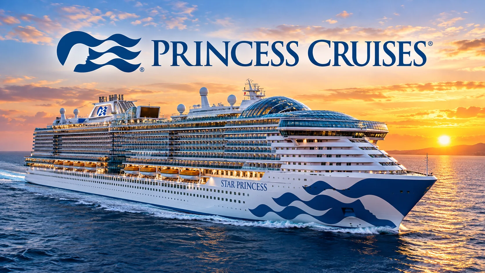 Star Princess sailing at sunset under the Princess Cruises logo
