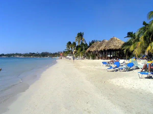 Palms and loungers on the beach in Negril, Jamaica