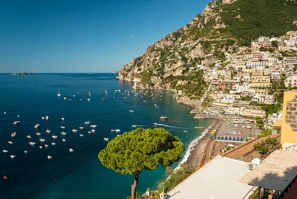 Positano’s colorful houses above the bay