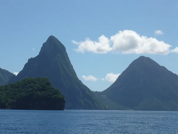 Gros Piton and Petit Piton against a blue sky