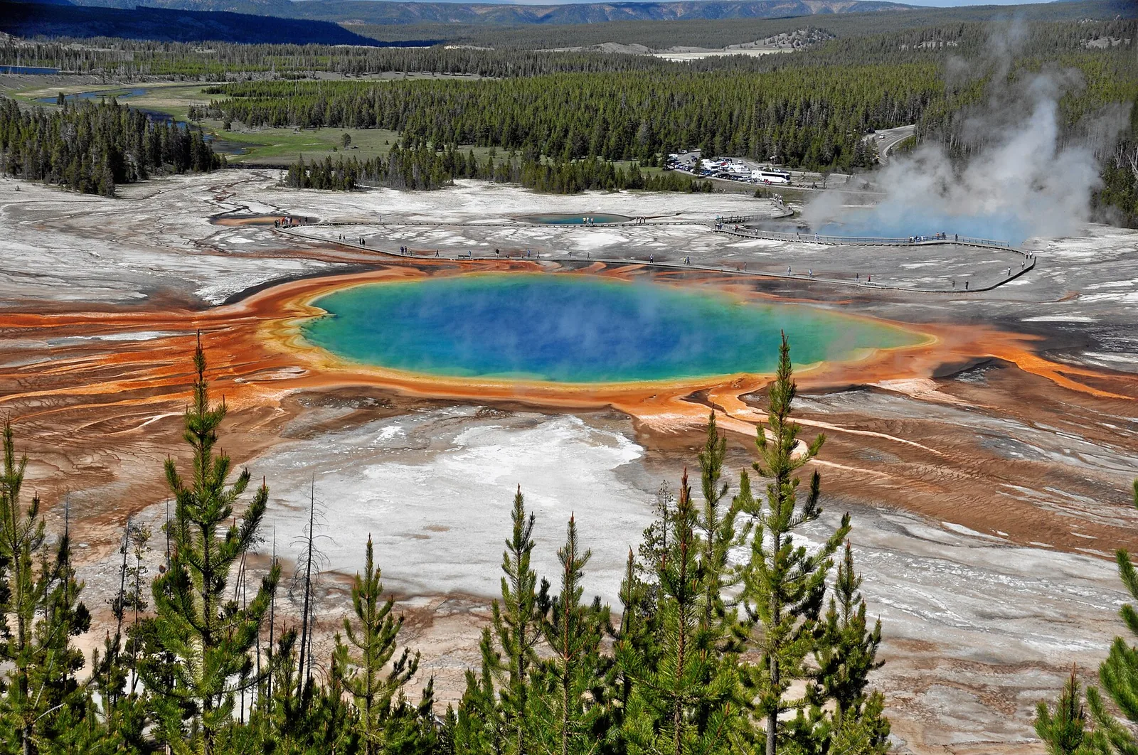 Vivid orange and turquoise Grand Prismatic Spring in Yellowstone National Park