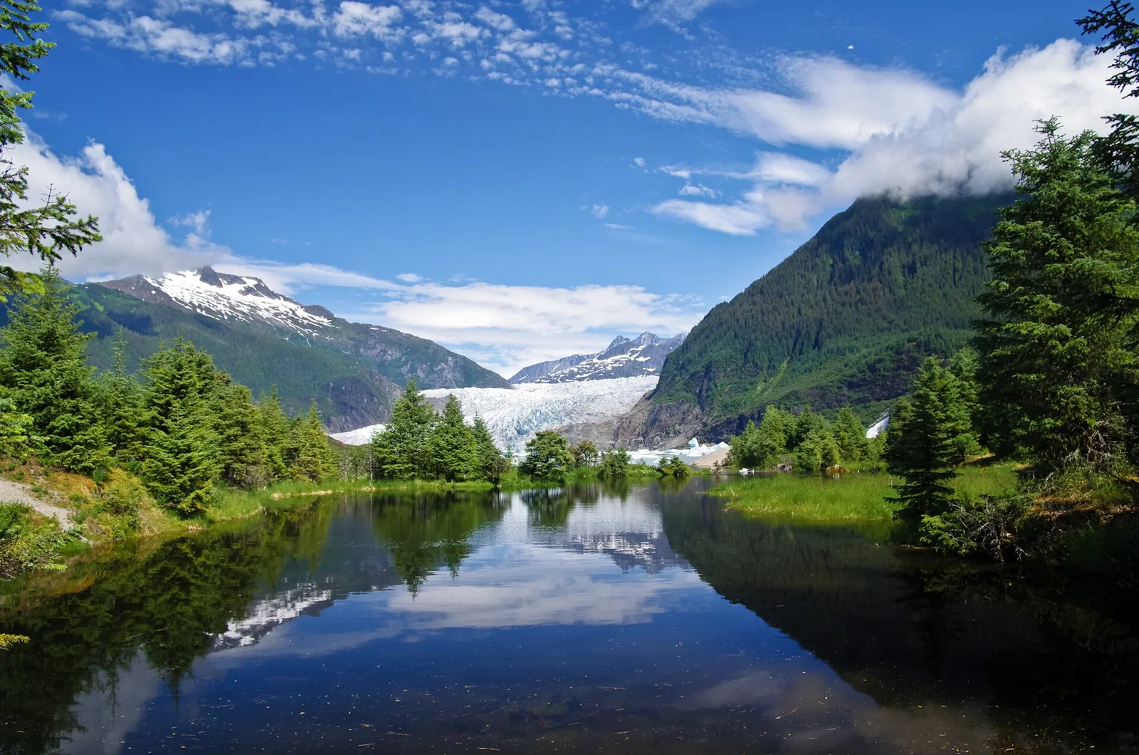 Mendenhall Glacier and a mirror-calm lake near Juneau, Alaska