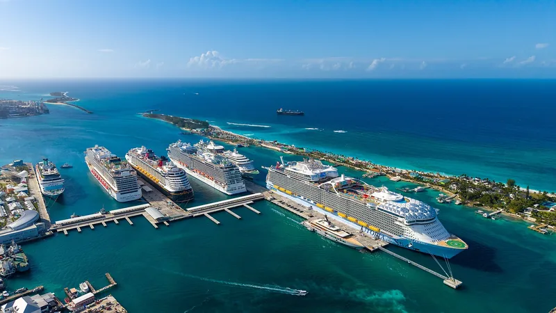 Aerial view of cruise ships docked in Nassau Harbour, Bahamas
